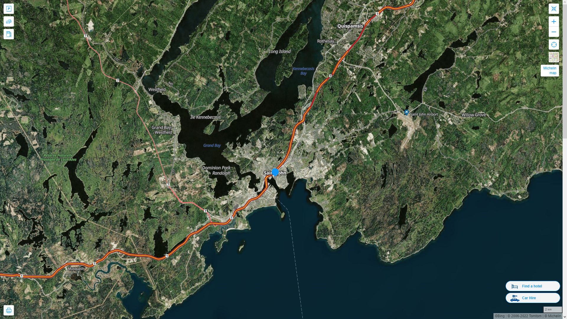 Saint John Canada Autoroute et carte routiere avec vue satellite